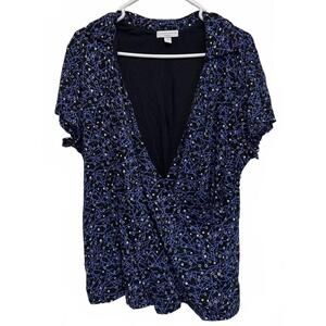 Charter Club Woman Deep V-Neck Blue and Black Pattern Blouse Plus Size 1X